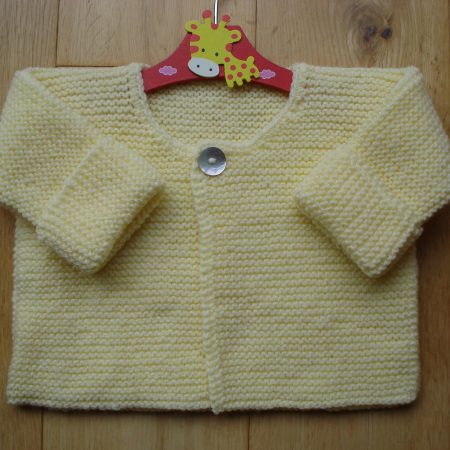 Pretty Hand Knitted Lemon Yellow Cardigan With One Pearl Button