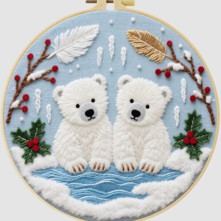 Cross Stitch Embroidery Kit for Beginners | 2 Polar Bears (20cm with frame)