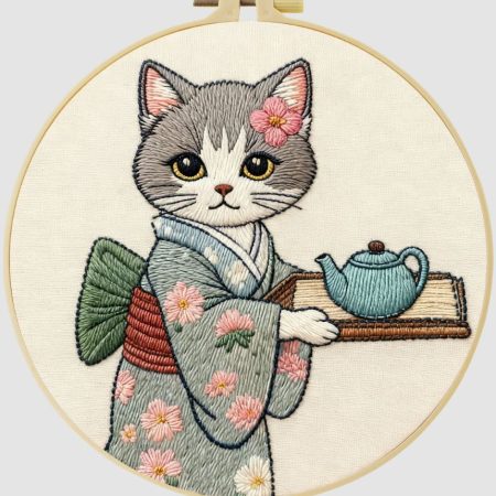 Cross Stitch Embroidery Kit for Beginners | Cat Serving Tea (20cm with frame)