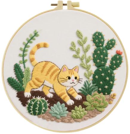 Cross Stitch Embroidery Kit for Beginners | Cat in Plants (20cm with frame)