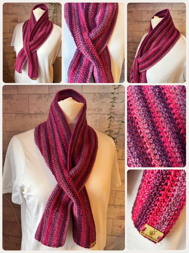 Crocheted Keyhole Scarf in shades of Pinks and Purple