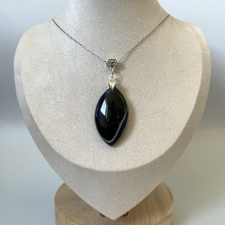 Black Onyx Pendant Necklace • Stainless Steel Chain