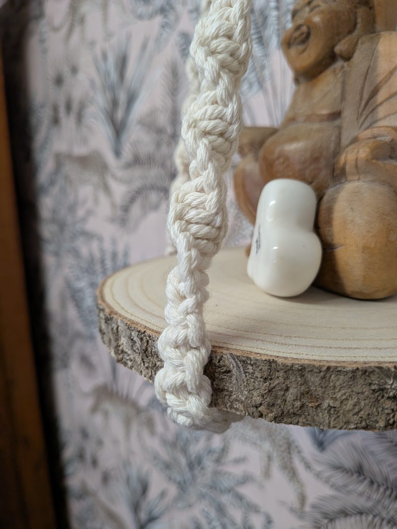 Macrame Hanging Shelf with Wood Slice | Round Plant & Trinket Shelf | Handmade Wall Decor