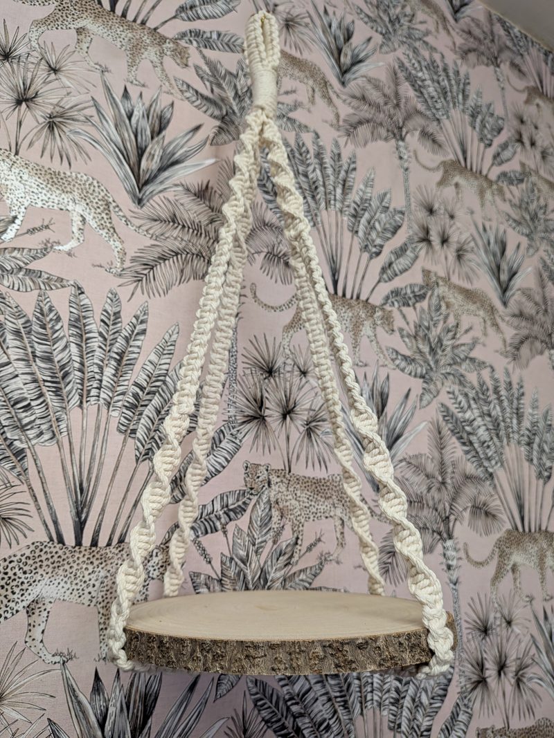 Macrame Hanging Shelf with Wood Slice | Round Plant & Trinket Shelf | Handmade Wall Decor