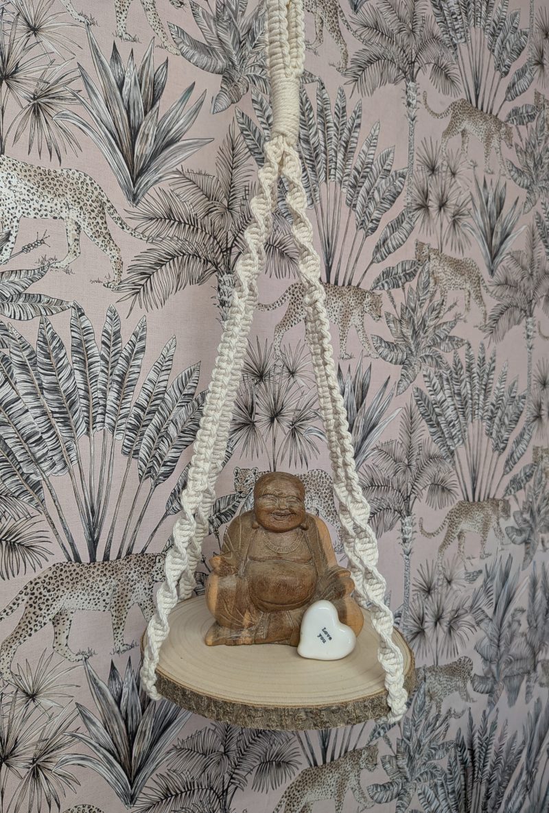 Macrame Hanging Shelf with Wood Slice | Round Plant & Trinket Shelf | Handmade Wall Decor