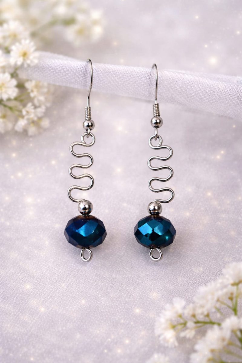 Cobalt Blue Wavy Wire Earrings, Handmade Modern Design
