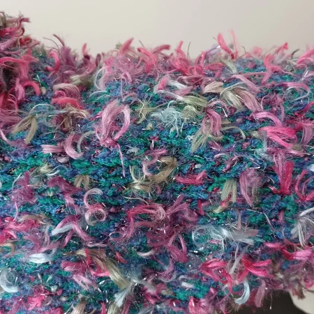 Hand Knitted Small Dog Coat Jade Green With Pinks And Blue Ribbon Tufts