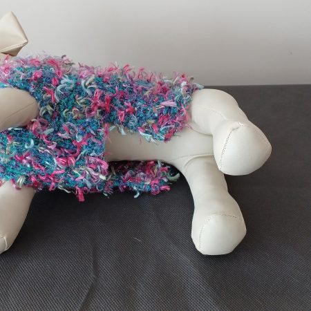 Hand Knitted Small Dog Coat Jade Green With Pinks And Blue Ribbon Tufts