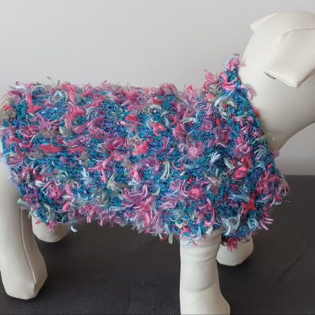 Hand Knitted Small Dog Coat Jade Green With Pinks And Blue Ribbon Tufts