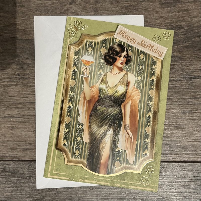 Handmade 12x16cm Green/Gold 1920's Style Art Deco Birthday Card