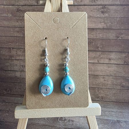 Turquoise Teardrop Spiral Earrings, Handmade Wire Wrapped