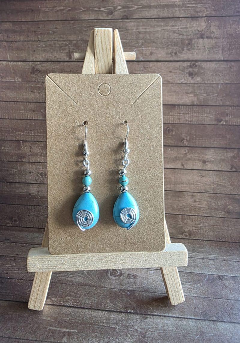 Turquoise Teardrop Spiral Earrings, Handmade Wire Wrapped