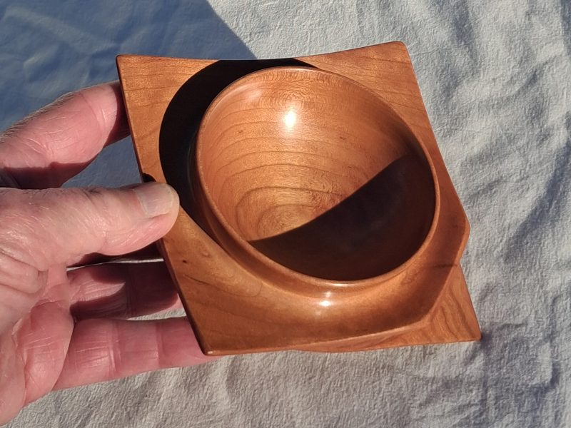 Square round turned wooden bowl