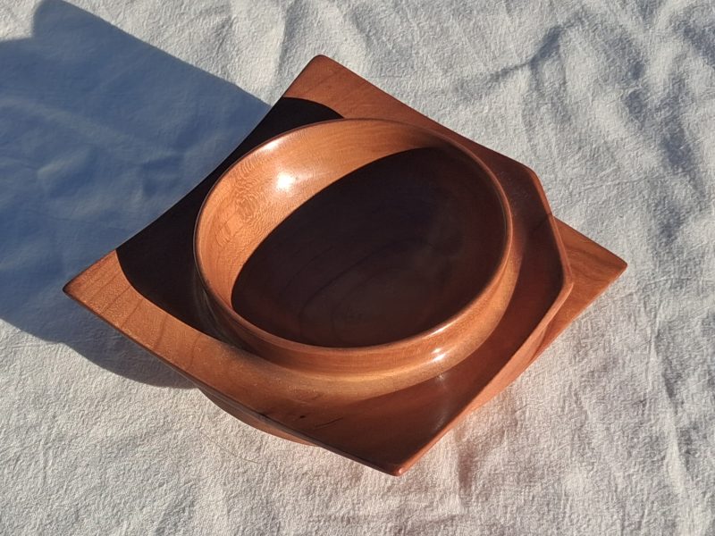 Square round turned wooden bowl