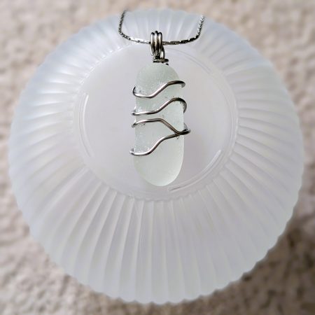 Cornish white sea glass necklace in stainless steel wire