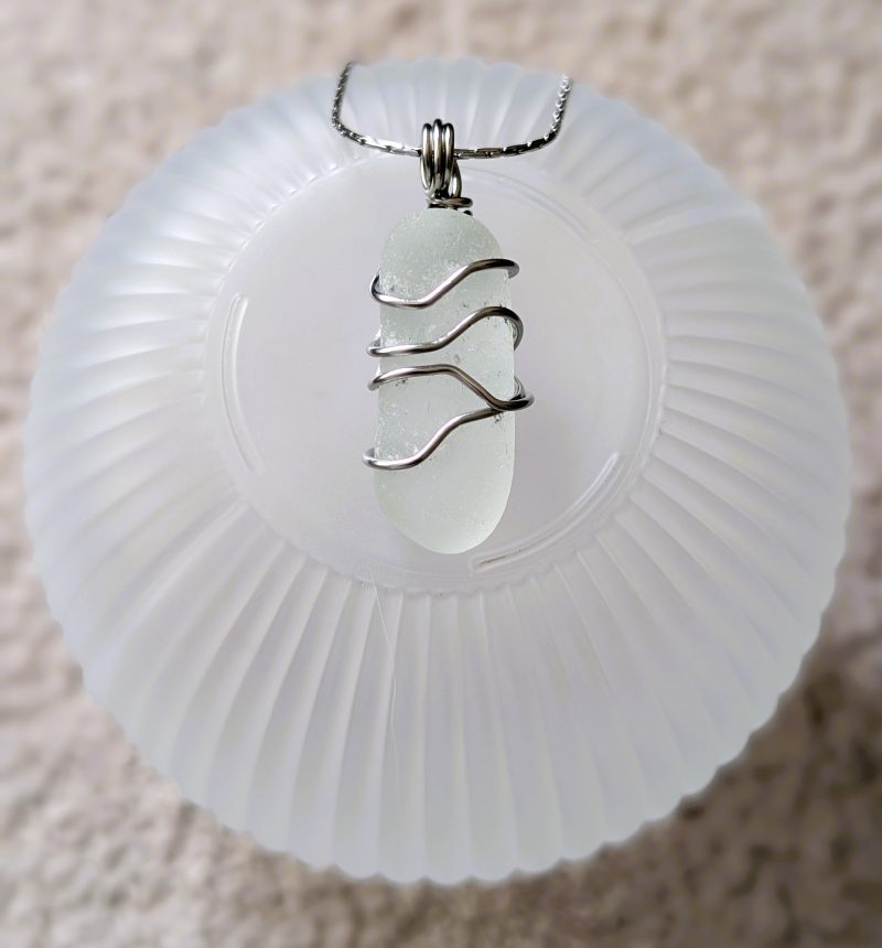 Cornish white sea glass necklace in stainless steel wire