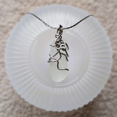 Cornish white sea glass necklace in stainless steel wire