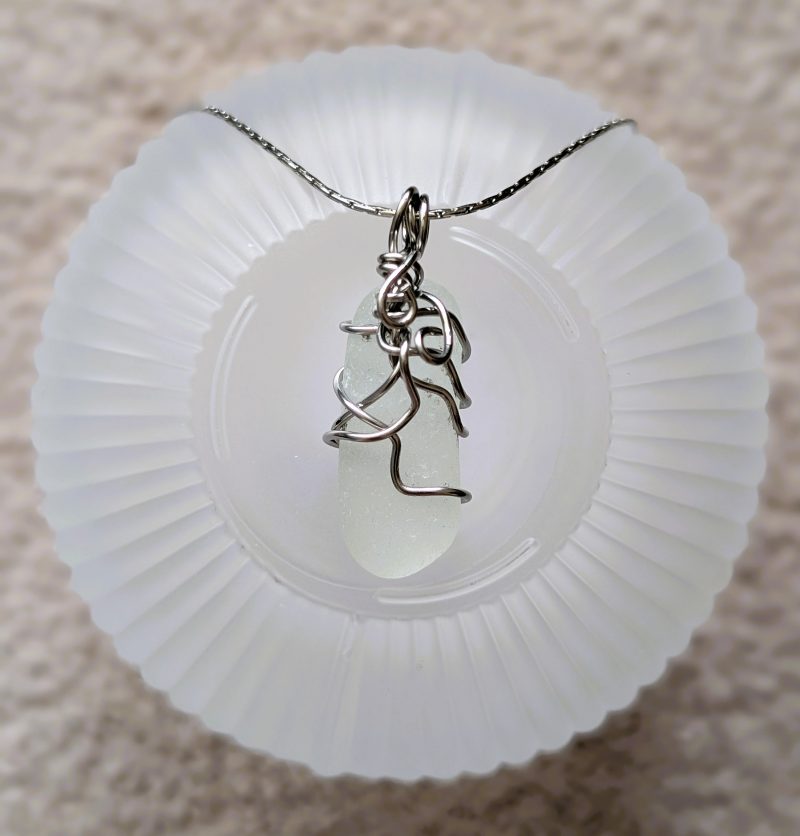 Cornish white sea glass necklace in stainless steel wire