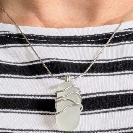 Cornish white sea glass necklace in stainless steel wire