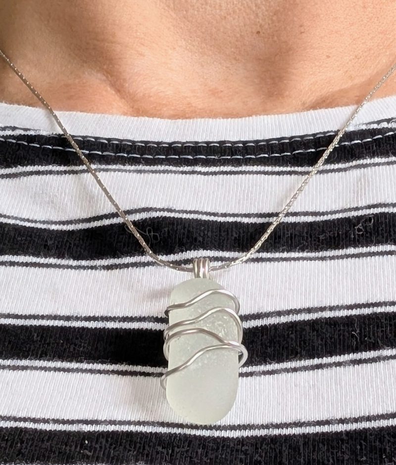 Cornish white sea glass necklace in stainless steel wire