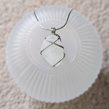 Cornish white sea glass necklace in stainless steel wire