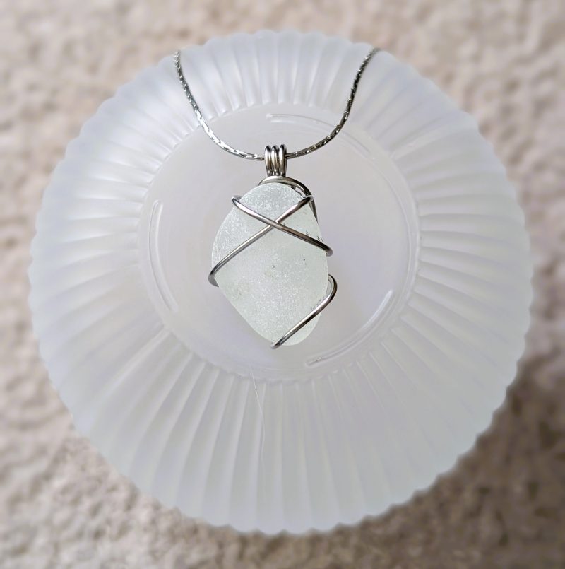 Cornish white sea glass necklace in stainless steel wire