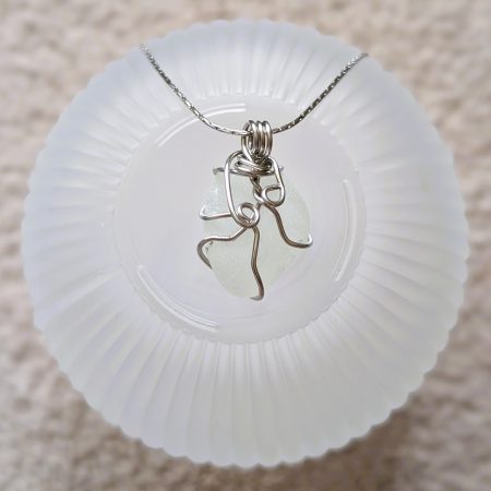 Cornish white sea glass necklace in stainless steel wire