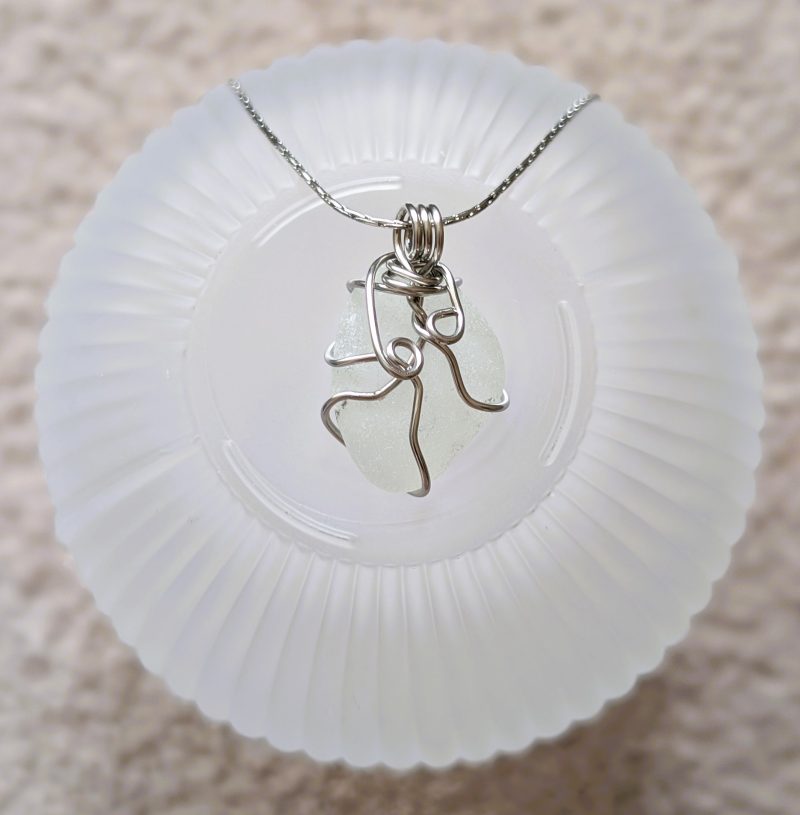 Cornish white sea glass necklace in stainless steel wire