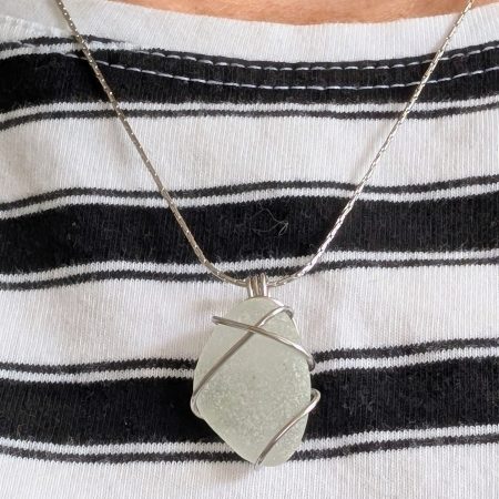 Cornish white sea glass necklace in stainless steel wire