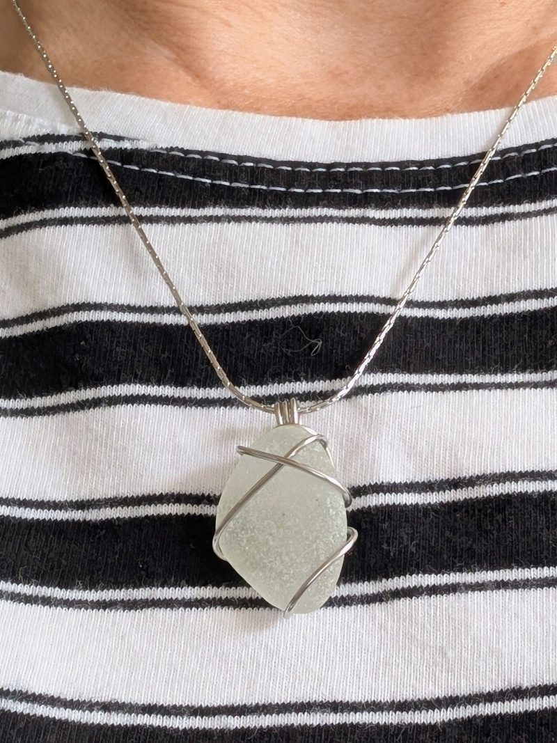 Cornish white sea glass necklace in stainless steel wire