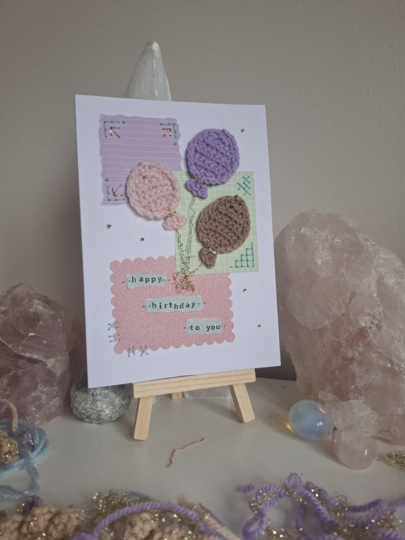Crochet Balloon Birthday Card, Handmade Textured Card, Cute Pastel Birthday Card, Unique Keepsake Card for Her