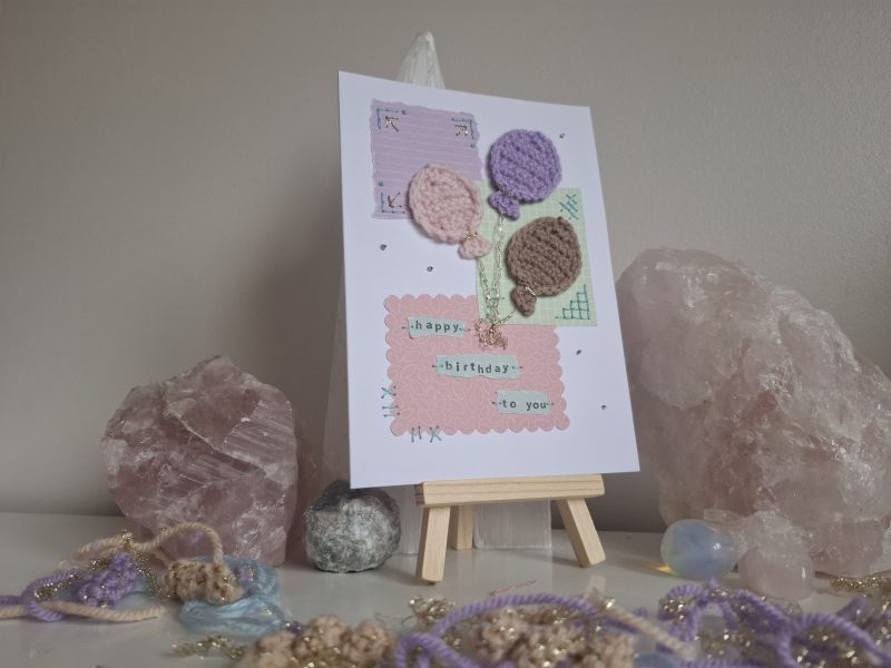 Crochet Balloon Birthday Card, Handmade Textured Card, Cute Pastel Birthday Card, Unique Keepsake Card for Her