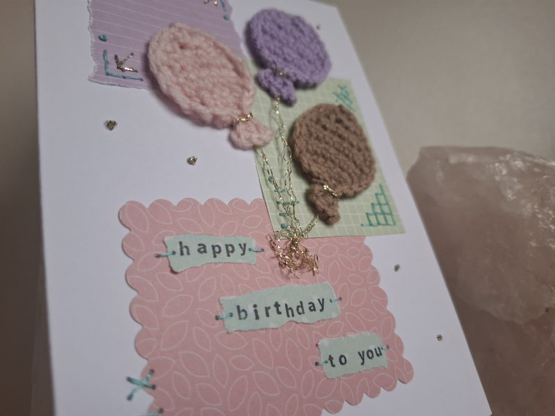 Crochet Balloon Birthday Card, Handmade Textured Card, Cute Pastel Birthday Card, Unique Keepsake Card for Her