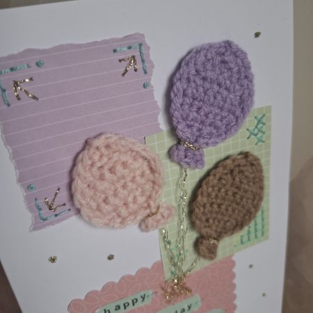 Crochet Balloon Birthday Card, Handmade Textured Card, Cute Pastel Birthday Card, Unique Keepsake Card for Her