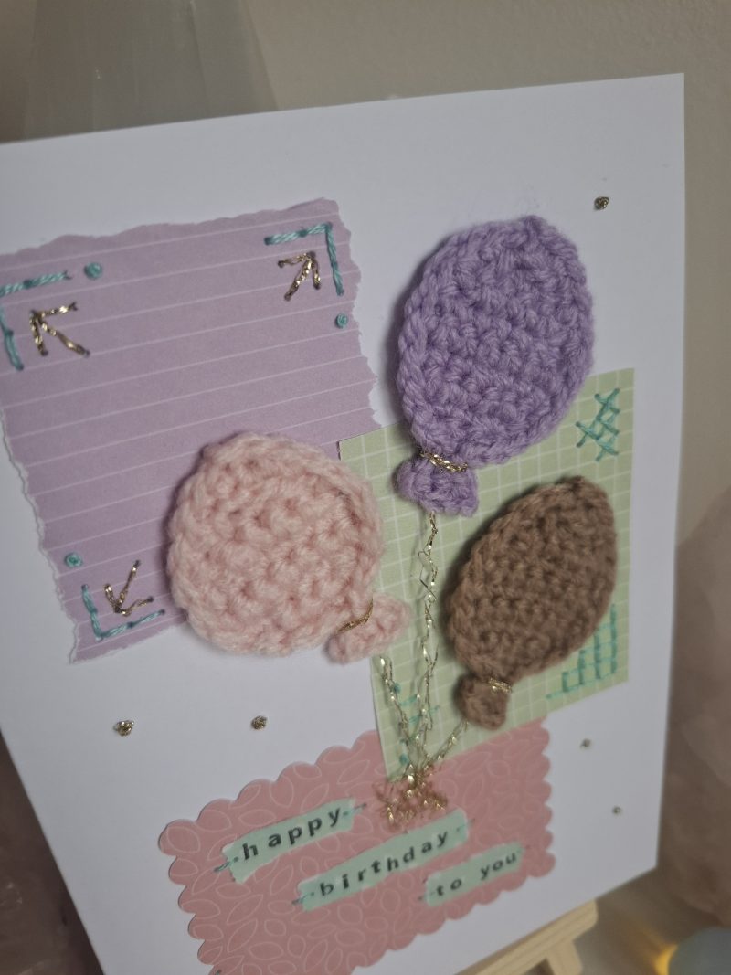 Crochet Balloon Birthday Card, Handmade Textured Card, Cute Pastel Birthday Card, Unique Keepsake Card for Her