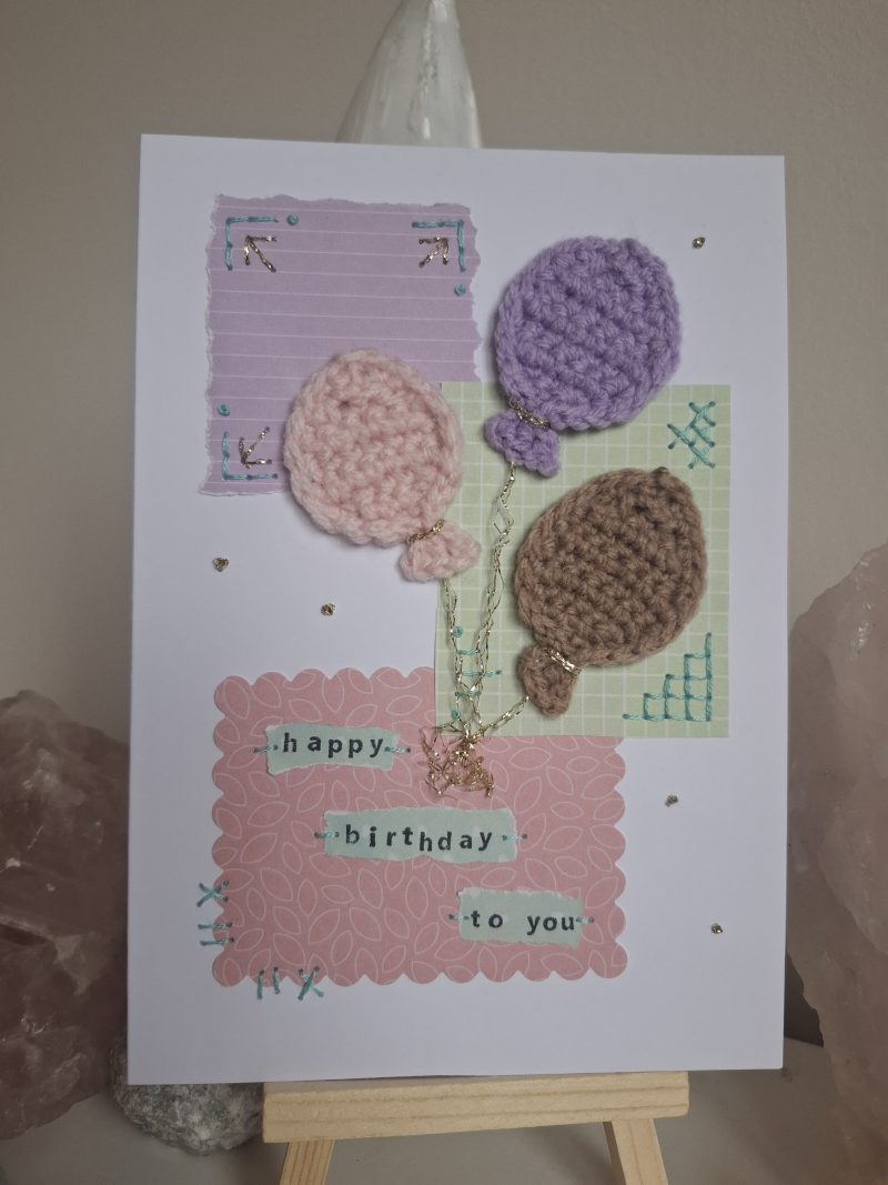 Crochet Balloon Birthday Card, Handmade Textured Card, Cute Pastel Birthday Card, Unique Keepsake Card for Her