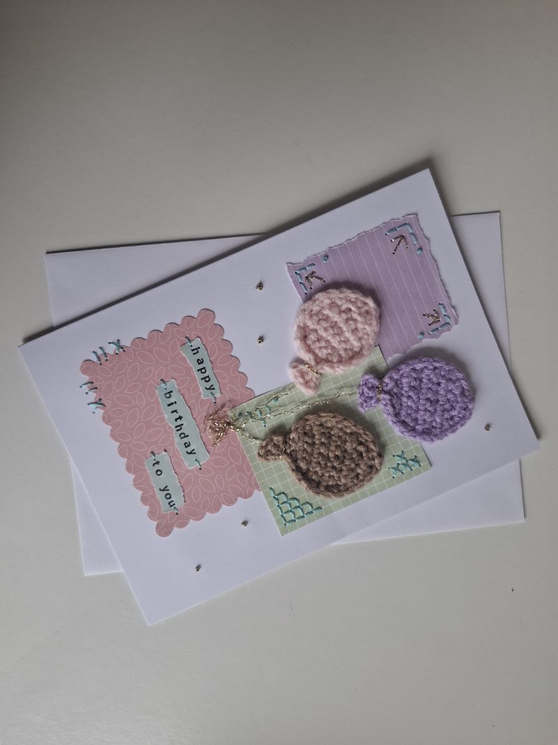 Crochet Balloon Birthday Card, Handmade Textured Card, Cute Pastel Birthday Card, Unique Keepsake Card for Her