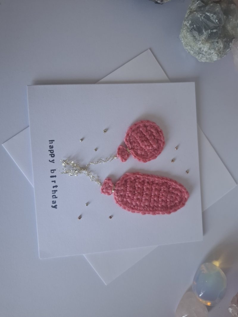Crochet Balloon Birthday Card, Handmade Textured Card, Cute Pink Birthday Card, Unique Keepsake Card for Her