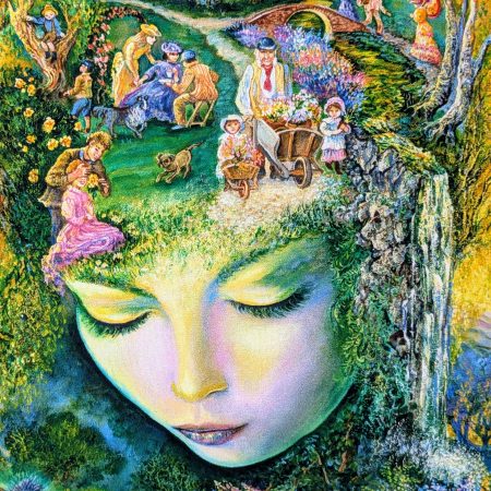 Spring nature goddess cushion cover with village garden scene and flowers, colourful fantasy decorative pillow