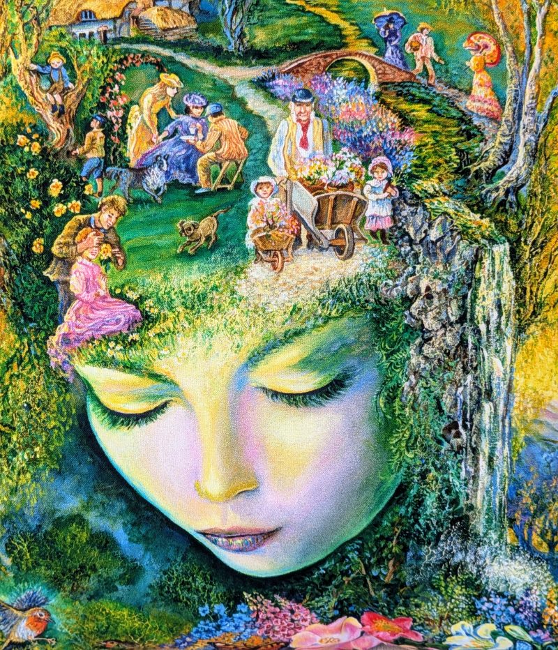 Spring nature goddess cushion cover with village garden scene and flowers, colourful fantasy decorative pillow