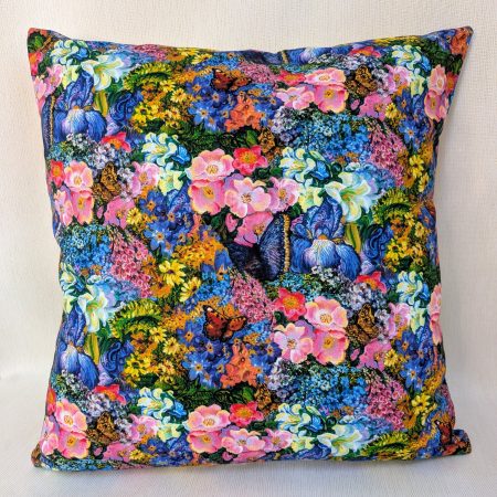 Reverse of Summer Dreamscape Goddess 18" 45 cm cotton cushion cover showing cottage garden style flowers, butterflies and birds, colourful fantasy decorative pillow