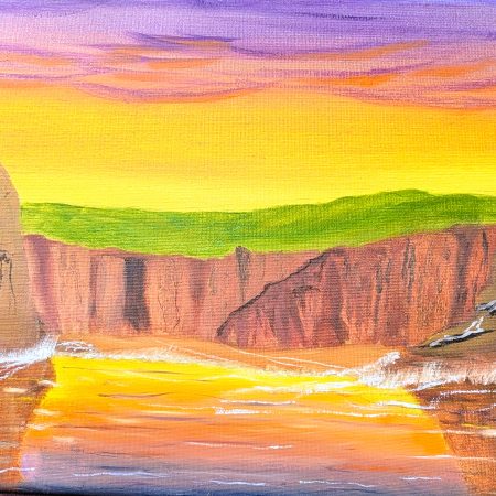 Original Painting, Duncansbay Stacks at Sunrise in Caithness, North Coast 500, Scotland
