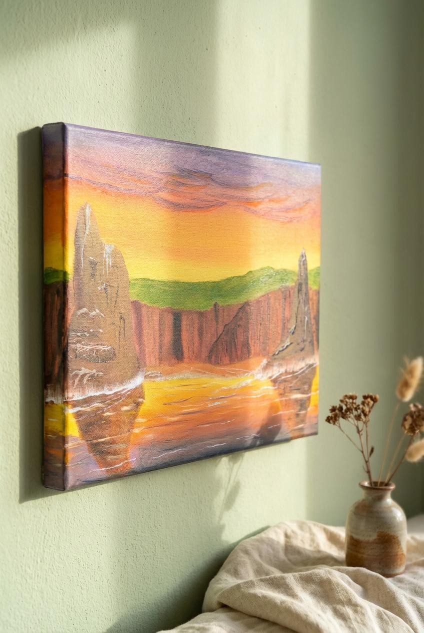 Original Painting, Duncansbay Stacks at Sunrise in Caithness, North Coast 500, Scotland