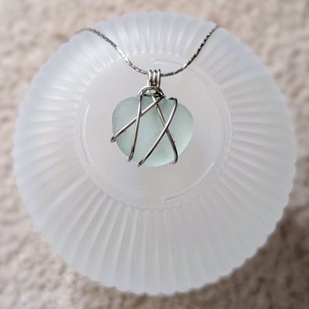 Cornish mint green sea glass necklace in stainless steel wire