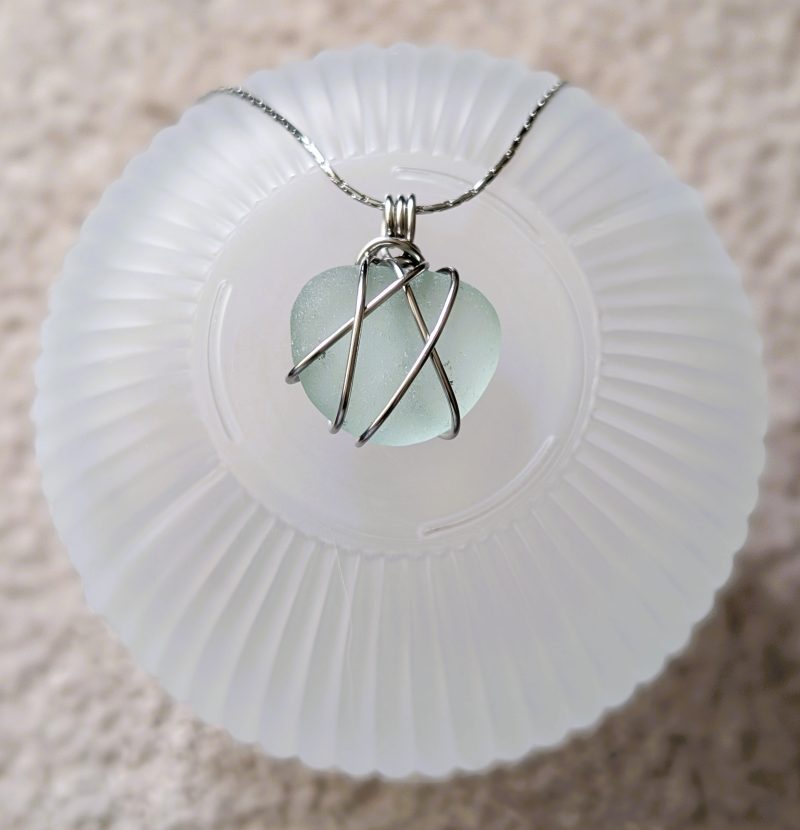 Cornish mint green sea glass necklace in stainless steel wire