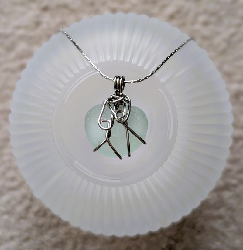 Cornish mint green sea glass necklace in stainless steel wire