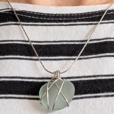 Cornish mint green sea glass necklace in stainless steel wire