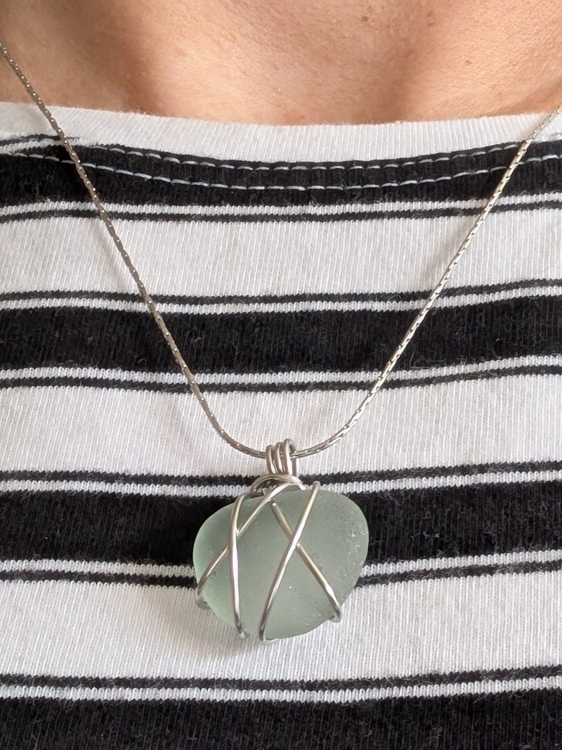 Cornish mint green sea glass necklace in stainless steel wire
