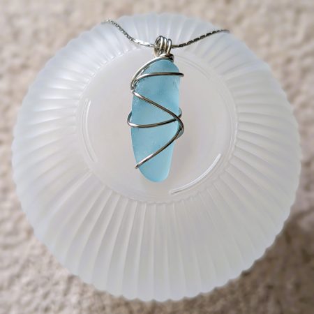 Cornish pale blue sea glass necklace in stainless steel wire