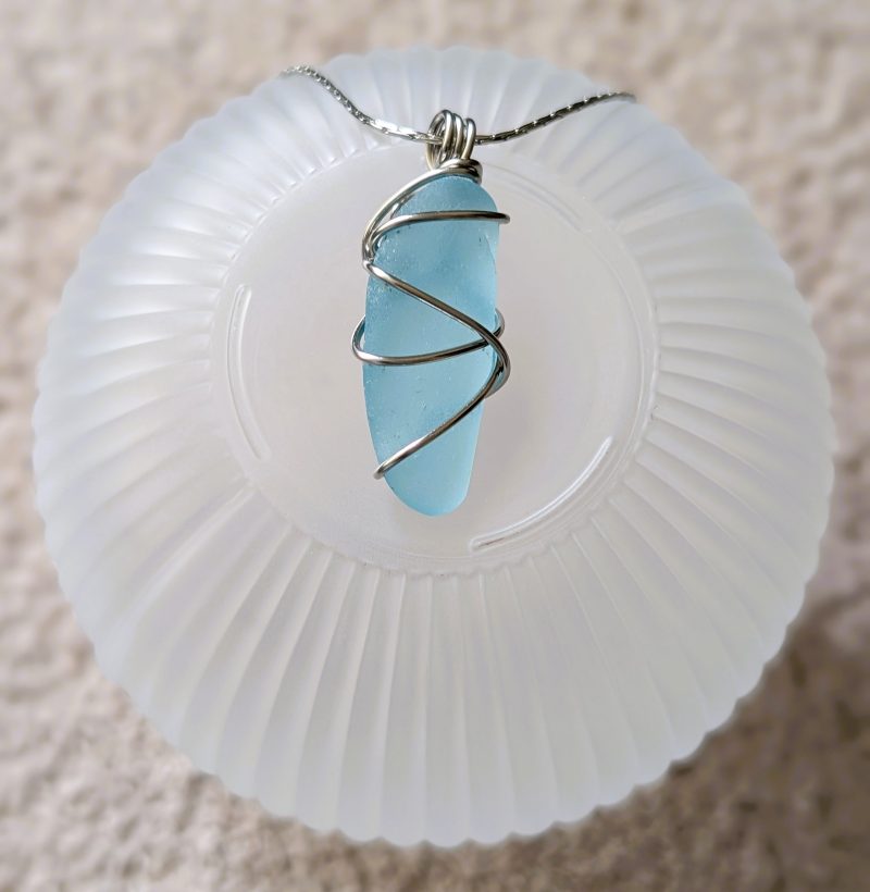 Cornish pale blue sea glass necklace in stainless steel wire